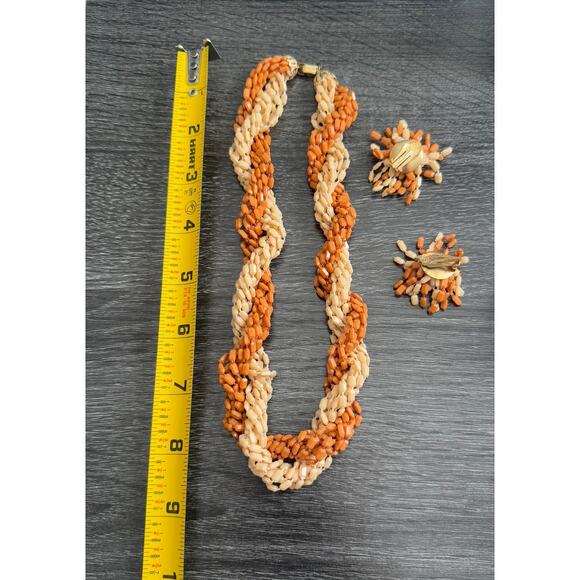 Hong Kong Signed Beige Brown Tan Tones Matching Necklace Clip‎ On Earring Set - Picture 5 of 7